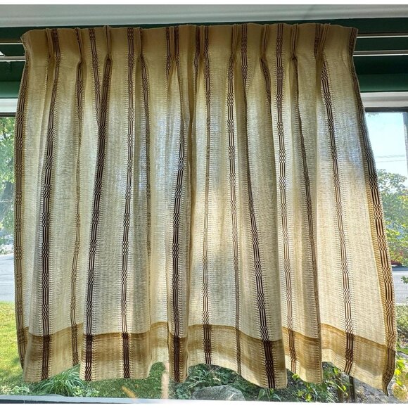 Vintage 70s pleated curtain, beige brown lined woven panel, striped, per panel - Picture 1 of 10